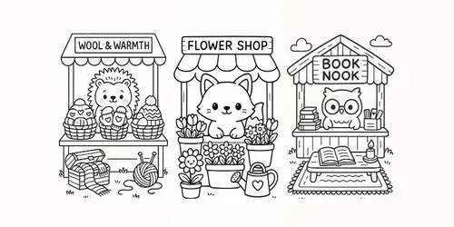 Tiny Cozy Market Coloring Pages