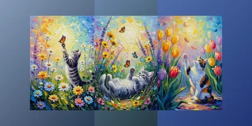 Whimsical Cats In Bloom Impasto Wall Art