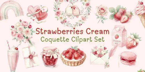 Coquette Strawberries Cream Clipart Sets