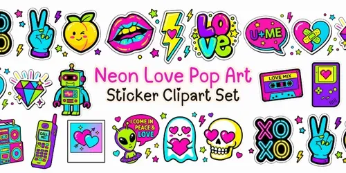 Neon Love Pop Art Sticker Clipart Sets