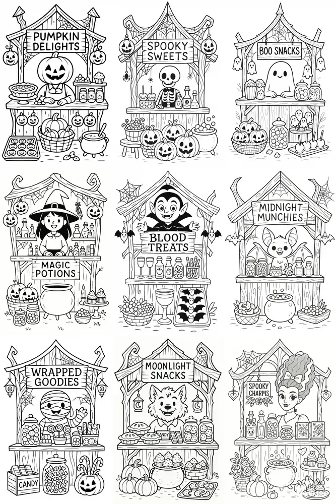 Cute Halloween Market Stands Coloring
