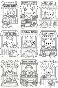 Tiny Cozy Market Coloring Pages